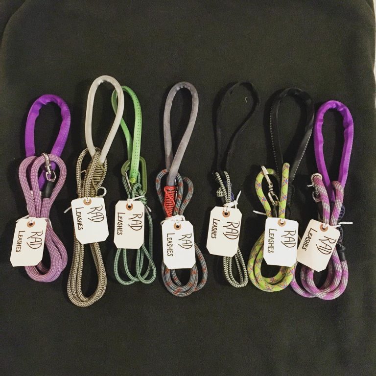 Seven Rad Leashes in a row, dog leashes made from climbing rope